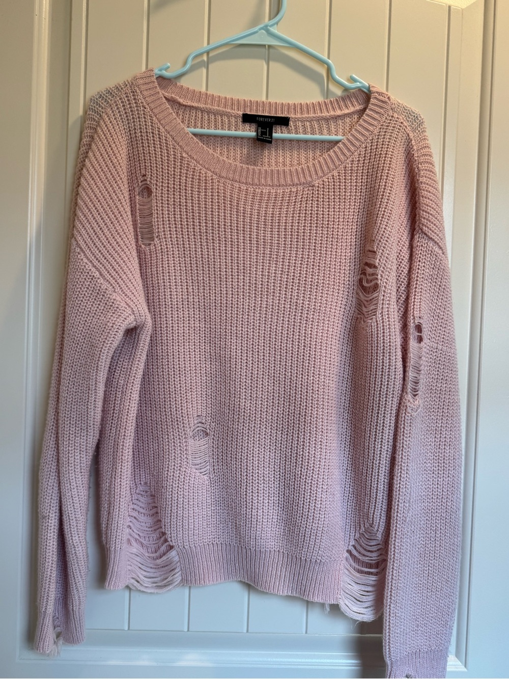 Forever 21 Distressed Open-Knit Light Pink Scoop Neck Sweater